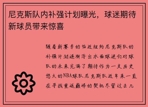尼克斯队内补强计划曝光，球迷期待新球员带来惊喜